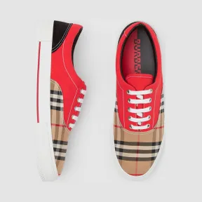 博百利/Burberry Vintage 格纹、棉质帆布拼麂皮运动鞋 (典藏米色 / 红色) - 男士  80257921