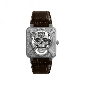 柏莱士/Bell&ross 46 MM 微喷砂不锈钢饰以「Clou de Paris」（巴黎饰钉）图案 手动机械机芯 男表 BR01-SKULL-SK-ST