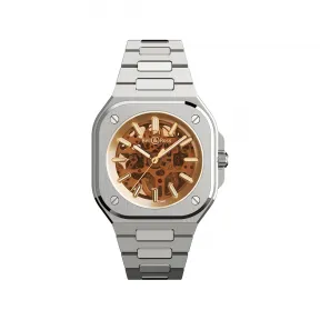 柏莱士/Bell&ross 40 MM 缎面打磨及抛光精钢，表冠护肩，360°旋转摆陀 自动机械机芯 男表 BR05A-CH-SKST-SST