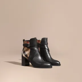 博百利/Burberry 女士 House 格纹拼皮革及踝靴 (黑色) 40364821