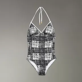 博百利/Burberry 女士 涂鸦格纹绕颈式泳衣 (石色) 40737621