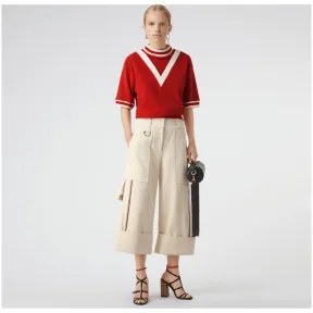 博百利/Burberry 女士 条纹装饰棉质阔腿九分裤 (自然白) 80012531