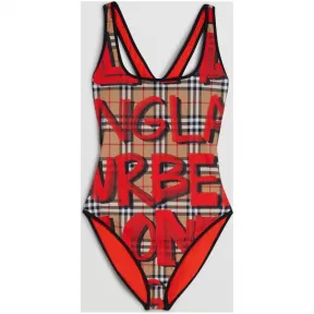 博百利/Burberry 女士 Vintage 格纹涂鸦印花泳衣 (亮红色) 80016141