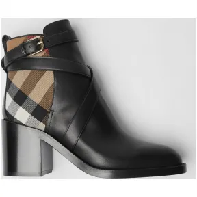 博百利/Burberry 女士 House 格纹拼皮革及踝靴 (黑色) 80048541