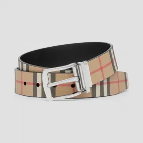 博百利/Burberry 男士 双面两用 Vintage 格纹环保帆布拼皮革腰带 (典藏米色) 80156131