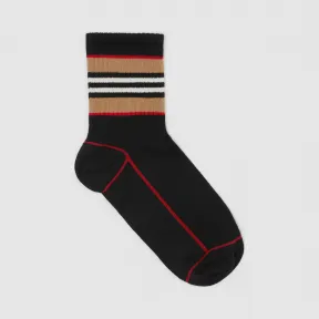 博百利/Burberry 女士 标志性条纹嵌花棉质混纺及踝袜 (黑色)  80156361