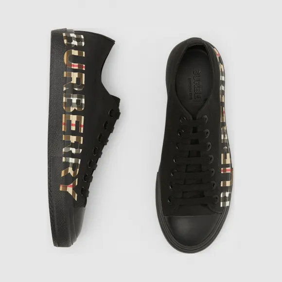 博百利/Burberry 男士 Vintage 格纹徽标印花棉质嘎巴甸运动鞋 (黑色 / 典藏米色) 80182751