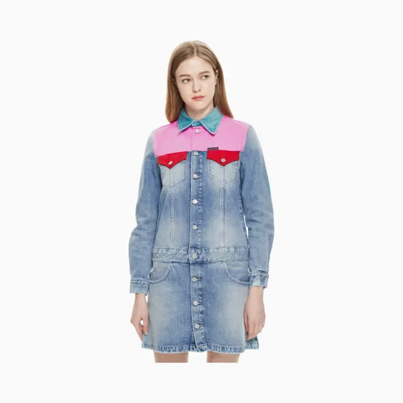 卡尔文·克莱恩/Calvin Klein 女士新款纯棉拼色牛仔连衣裙 J209913-牛仔休闲系列