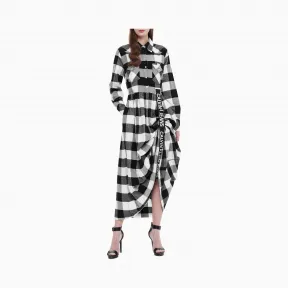 Calvin Klein女装新款纯棉格纹翻领长袖连衣裙 J212262-牛仔休闲系列