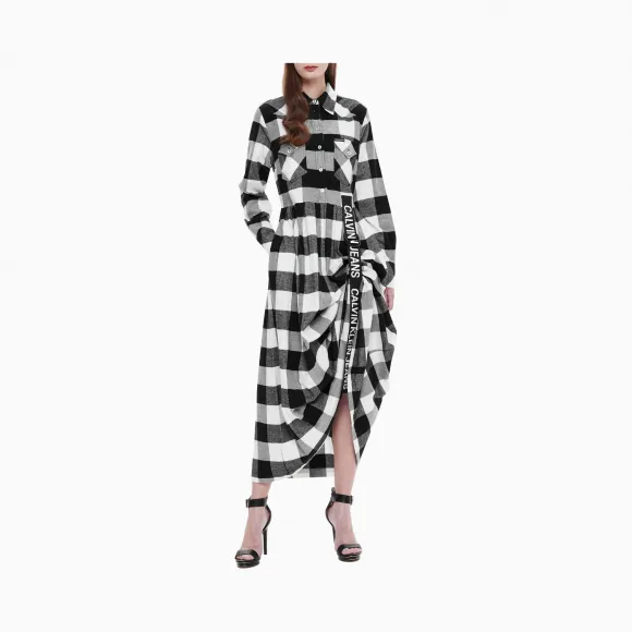 Calvin Klein女装新款纯棉格纹翻领长袖连衣裙 J212262-牛仔休闲系列