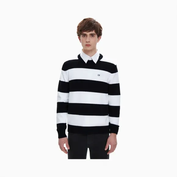 卡尔文·克莱恩/Calvin Klein 男士新款纯棉条纹圆领针织衫 J311164-牛仔休闲系列