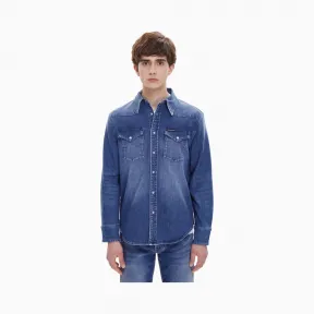 卡尔文·克莱恩/Calvin Klein 男士新款翻领长袖牛仔衬衫 J312019-牛仔休闲系列