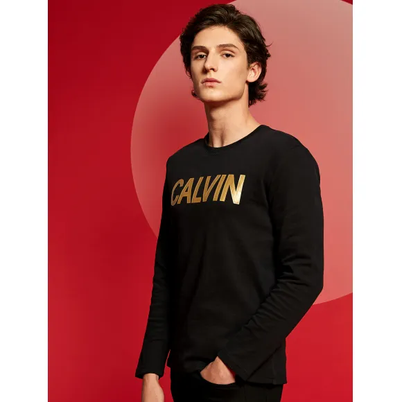 卡尔文·克莱恩/Calvin Klein 男士新款棉混纺时尚Logo圆领长袖T恤 J314281-牛仔休闲系列