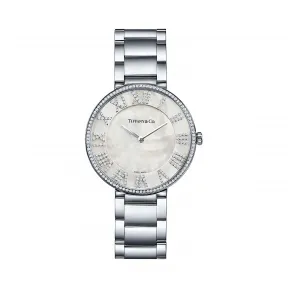 蒂芙尼/Tiffany Atlas® 系列 34 毫米不锈钢镶嵌钻石和白色珍珠母贝腕表 69291783 