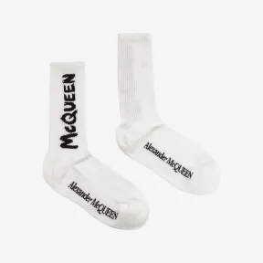 亚历山大麦昆/Alexander McQueen 男士McQueen Graffiti棉袜海军蓝/蓝色 6602734D33Q4168