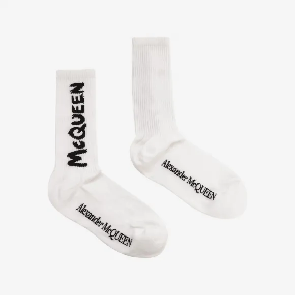 亚历山大麦昆/Alexander McQueen 男士McQueen Graffiti棉袜海军蓝/蓝色 6602734D33Q4168