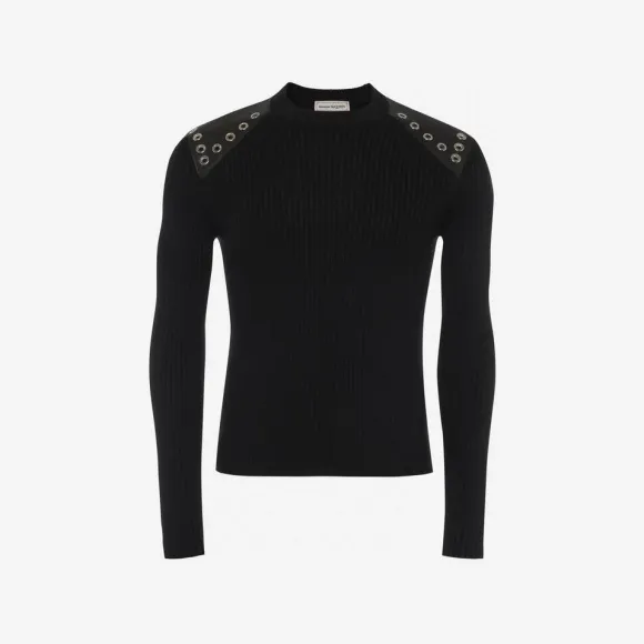 亚历山大麦昆/Alexander McQueen 男士黑色孔眼罗纹毛衣 729263Q1XGE1000 