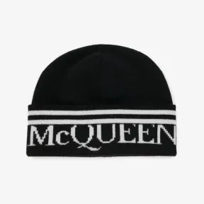 亚历山大麦昆/Alexander McQueen 女式 McQueen 黑色/象牙色针织毛线帽 7304303206Q1078 