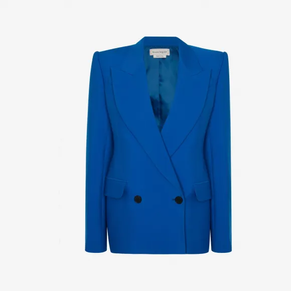 亚历山大麦昆/Alexander McQueen 女士剪裁羊毛双排扣外套星河蓝 745076QJACX4155