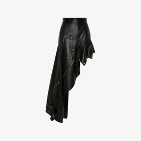 亚历山大麦昆/Alexander McQueen 女式黑色不对称垂坠机车皮裙 746445Q5ALD1000 