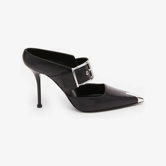 亚历山大麦昆/Alexander McQueen 黑色/银色朋克搭扣穆勒鞋 757513WIEA11081 
