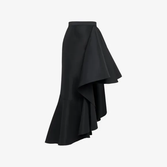 亚历山大麦昆/Alexander McQueen 女式黑色不对称垂坠中长半身裙 757643QEACM1000 