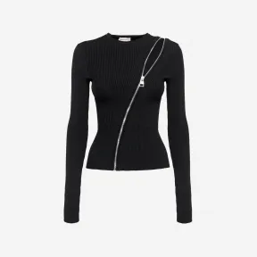 亚历山大麦昆/Alexander McQueen 女式黑色/银色斜纹拉链针织上衣 759734Q1A6F1038 
