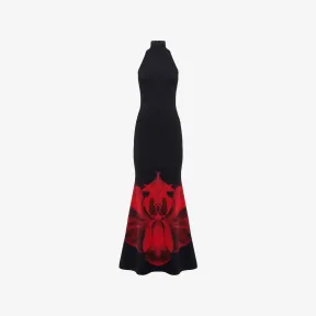 亚历山大麦昆/Alexander McQueen 女式黑色/红色飘逸兰花长连衣裙 768817Q1A7J1023 768817Q1A7J1023