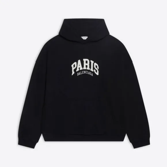 巴黎世家/Balenciaga 女士 Cities Paris 连帽衫黑色宽版 675003TLVL81070