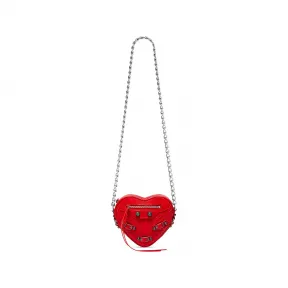 巴黎世家/Balenciaga Le Cagole Heart 迷你红色细纹羊皮革手袋 做旧银色金属配件 7227811VG9Y6534