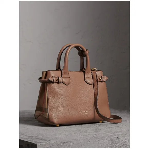 博百利/Burberry 女士 The Banner - 小号 House 格纹拼皮革班纳手袋 (深沙色) 39627411