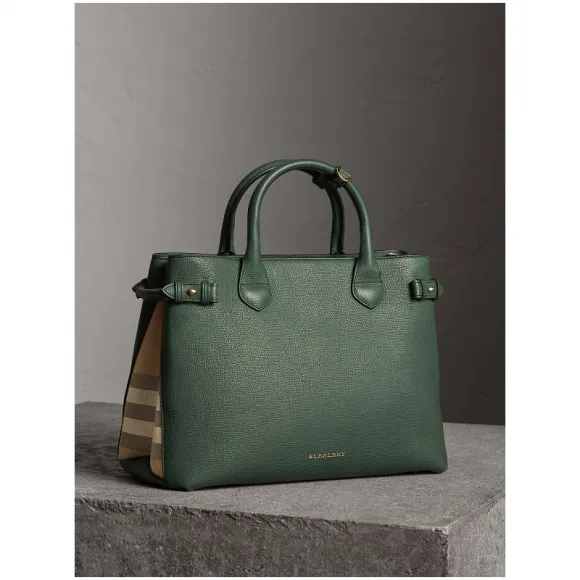 博百利/Burberry 女士 The Banner - 中号 House 格纹拼皮革班纳手袋 (暗绿色) 40202801