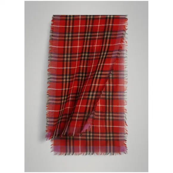 博百利/Burberry  轻盈格纹丝毛混纺围巾 (亮橙红色)  40714091