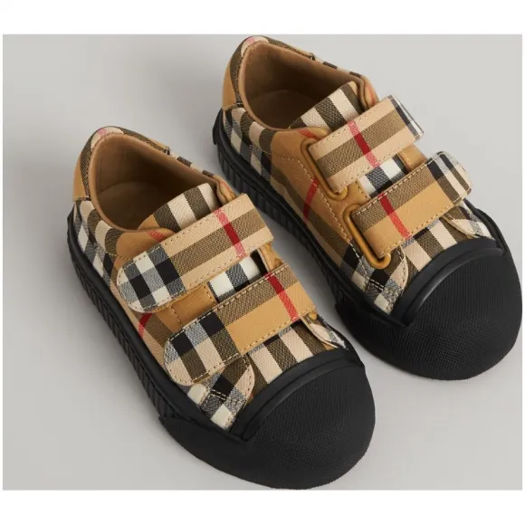博百利/Burberry 儿童用品 Vintage 格纹拼皮革运动鞋 (古典黄色 / 黑色) - 童装  40763141