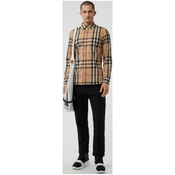 博百利/Burberry 男士 格纹弹力棉衬衫 (驼色) - 男士  45575981
