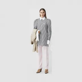 博百利/Burberry 徽标嵌花条纹棉府绸衬衫式连衣裙 (黑色) - 女士  45643671