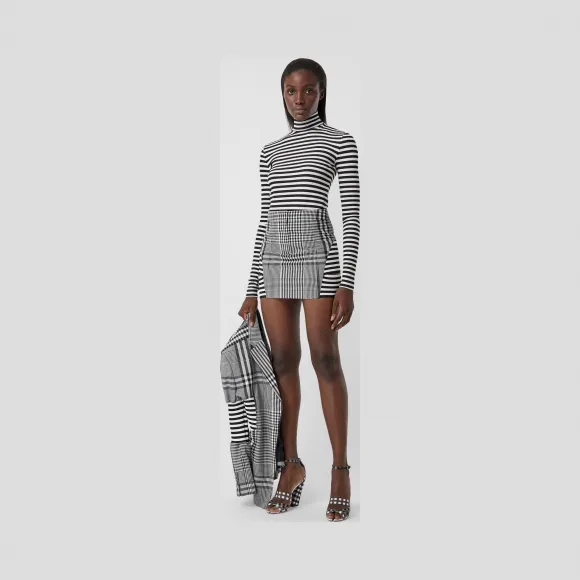 博百利/Burberry 条纹弹力平织高领上衣 (黑色 / 白色) - 女士  45645141