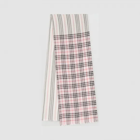 博百利/Burberry 女士 Vintage 格纹拼标志性条纹丝毛混纺围巾 (雪花石粉红)  80146601
