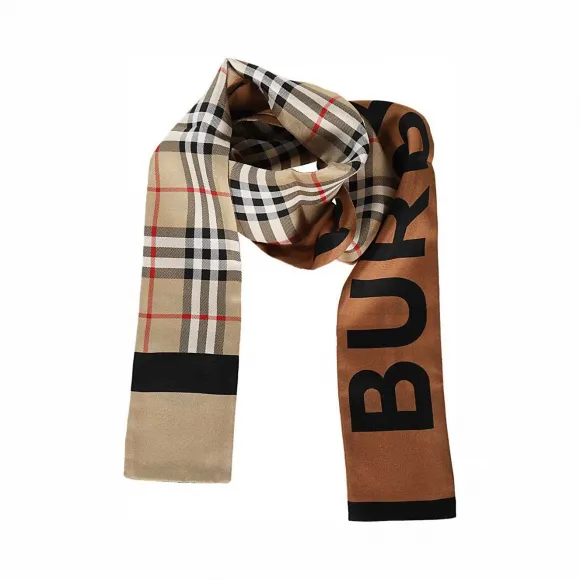 博百利/Burberry Vintage 格纹拼徽标印花窄版丝巾 (典藏米色)  80171061