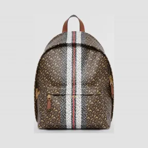 博百利/Burberry 男士 专属标识条纹印花环保帆布双肩包 (马鞍棕)  80186511