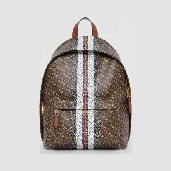 博百利/Burberry 男士 专属标识条纹印花环保帆布双肩包 (马鞍棕)  80186511