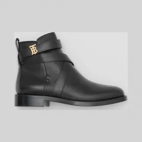 博百利/Burberry 专属标识图案皮革及踝靴 (黑色) - 女士  80192691
