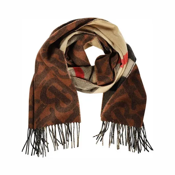 博百利/Burberry 女士 双面两用格纹拼专属标识羊绒围巾 (深栗棕色)  80224091