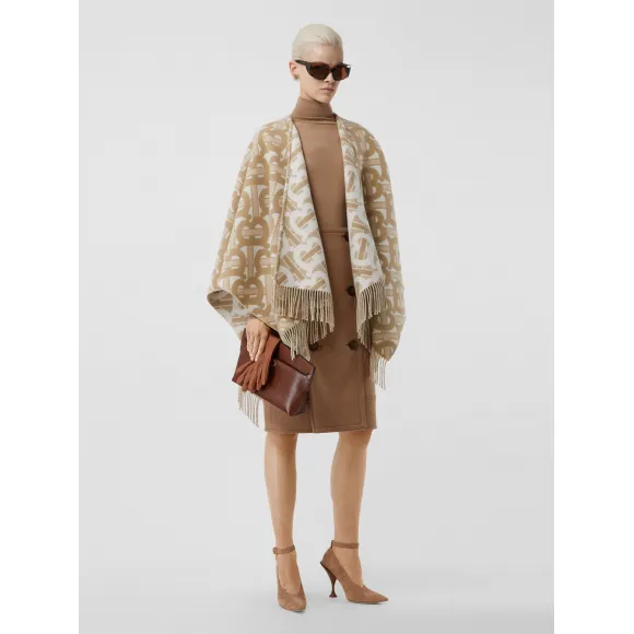 博百利/Burberry 专属标识美利奴羊毛混纺提花披肩 (浅沙色) - 女士  80227411