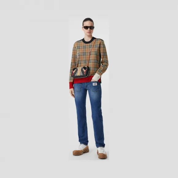 博百利/Burberry 纽扣装饰格纹功能性羊毛提花针织衫 (典藏米色) - 女士  80240651