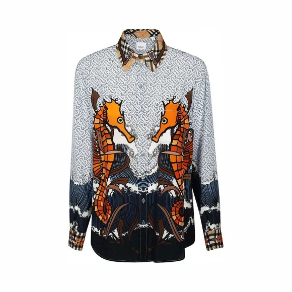 博百利/Burberry 专属标识拼海马印花丝质衬衫 (婴儿蓝) - 女士  80245871