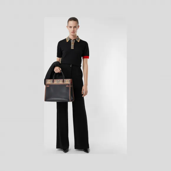 博百利/Burberry Vintage 格纹装饰美利奴羊毛 Polo 衫 (黑色) - 女士  80247661