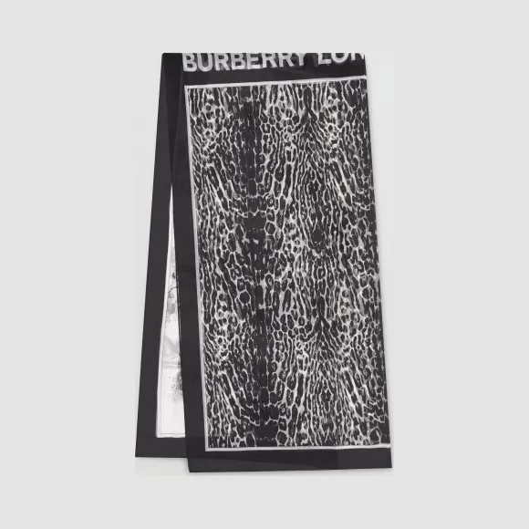 博百利/Burberry 天使拼豹纹印花丝巾 (黑色)  80255691