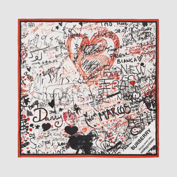 博百利/Burberry 涂鸦印花丝质方巾 (自然白)  80255771