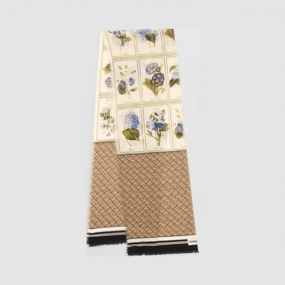 博百利/Burberry 专属标识拼植物印花丝毛混纺围巾 (典藏米色)  80275721